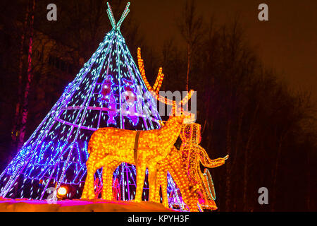 Die Hirsche in die Lichter der Abend und der Stadt Stockfoto