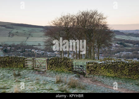 Kissing Gate mit 20 Bäume am Hang oberhalb des Dorfes Hayfield, Derbyshire an einem frostigen Wintermorgen. Stockfoto