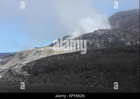 Schwarze Lava Felsen und Wolken von Schwefelsäure beladen Dampf wogenden aus dem aktiven Fumarolen innerhalb der Caldera des Sierra Negra Vulkans. Isabela, Ga Stockfoto