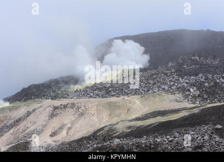 Schwarze Lava Felsen und Wolken von Schwefelsäure beladen Dampf wogenden aus dem aktiven Fumarolen innerhalb der Caldera des Sierra Negra Vulkans. Isabela, Ga Stockfoto