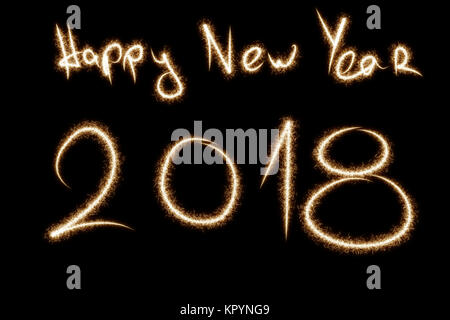2018 mit Schein Feuerwerk auf schwarzem Hintergrund geschrieben, glückliches neues Jahr 2018. Stockfoto