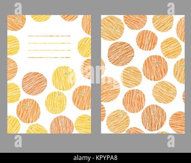 Obst Hintergrund mit Kopie Platz. Zwei Seiten Karte. Zerkratzte Muster. Orange Textur. Grunge Hintergrund. Abbildung. Ernte Postkarte. Stock Vektor