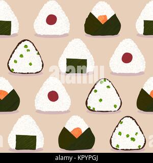 Onigiri Muster. Japanischer Klebreis Kugeln. Nahtlose Muster. Mit grünen Erbsen gefüllt. Mit eingelegten Pflaume. In Nori Algen umwickelt. Mit Lachs gefüllt Stock Vektor