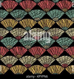 Zerkratzte Ventilator Hintergrund. Auf der Grundlage von traditionellen japanischen Stickerei. Zusammenfassung nahtlose Muster. Auf der Grundlage von Sashiko Stitching - uchiwa. Pastellfarbenen bac Stock Vektor