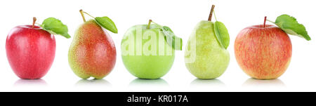 Apfel Obst Birne Birne Äpfel Früchte in einer Reihe Schneiden isolierter befreit Stockfoto