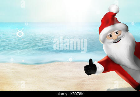 Weihnachten am Strand santa claus Daumen hoch 3D-Rendering Stockfoto