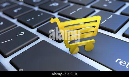 Online Shopping und e-commerce Konzept mit goldenen Symbol auf einer PC-Tastatur 3D-Abbildung. Stockfoto