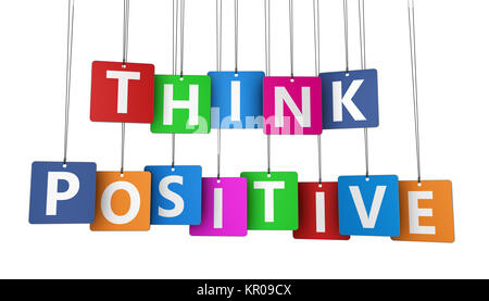 Denke positiv motivierende Nachricht auf bunten gehängt Papier Tags 3D Illustration auf weißem Hintergrund. Stockfoto