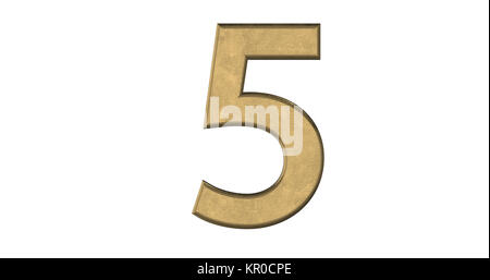 3D-Rendering des Briefes 5 in gebürstetem Metall auf einem weißen Hintergrund isoliert Stockfoto