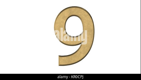 3D-Rendering des Briefes 9 in gebürstetem Metall auf einem weißen Hintergrund isoliert Stockfoto