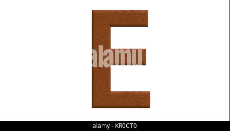 3D-Rendering des Buchstaben E in gebürstetem Metall auf einem weißen Hintergrund isoliert Stockfoto