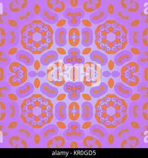 Abstrakte geometrische nahtlose Hintergrund. Reich verzierte glänzende Spirale mit verschiedenen Elementen in Orange und Violett, zart und verträumt, zentriert und verschwommen. Stockfoto
