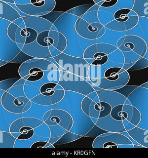Abstrakte geometrische nahtlose Hintergrund. Überlagerung glänzende Spirale mit blauen, grauen und schwarzen Elementen und weissen Konturen. Stockfoto