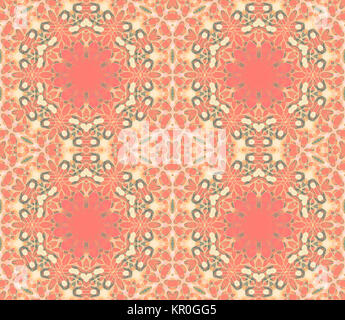 Abstrakte geometrische nahtlose Hintergrund. Reich verzierte Hexagon Muster in Pastell Rot, Orange, Beige, Rosa, Pfirsich und Aprikose Farbe mit grünen und braunen Elemente, umfangreiche und verträumt. Stockfoto
