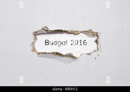 Das Wort budget 2016 erscheint hinter zerrissenes Papier Stockfoto