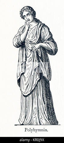 Diese Abbildung stammt aus dem Jahr 1898 und zeigt eine Statue von polyhymnia. Polyhymnia wurde als die Muse der Hymnen geehrt. In der griechischen und römischen Mythologie, die Musen waren neun Töchter des Zeus und der Mnemosyne (Göttin der Erinnerung). Es wurden geehrt als Förderer der Künste und der Wissenschaften. Calliope war der Kopf Muse, und Apollo, der Gott der Weissagung und Song, war ihr Anführer. Stockfoto