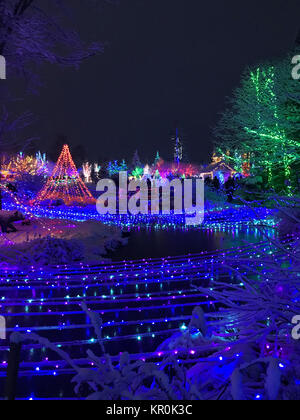 Dieses Foto, aufgenommen im Dezember 2017, zeigt eine Szene, die in den Gärten Aglow Lichter am Küstenmaine botanischen Gärten. Zu der Zeit als es schneite. Stockfoto