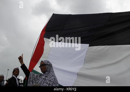 Jakarta, Indonesien. 17 Dez, 2017. Indonesische Muslimische Aktivisten hält die palästinensische Flagge während eines Protestes statt zu zeigen, Widerstand gegen US-Präsident Donald J. Trumpf Entscheidung Jerusalem als Hauptstadt von Israel zu erkennen, in Jakarta, Indonesien, 17. Dezember 2017. Tausende von Indonesischen muslimische Demonstranten geführt, die von den indonesischen Rat der Ulema fortgesetzt Kundgebungen againts US-Präsident Donald J Trümpfe recognation von Jerusalem als Hauptstadt von Israel und der US-Botschaft von Tel Aviv nach Jerusalem verlegen. Credit: Risa Krisadhi/Pacific Press/Alamy leben Nachrichten Stockfoto