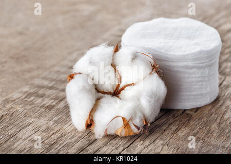 Baumwolle Wattepads und Baumwolle Blume auf Holz- Hintergrund. Hygienische verfügbares Produkt Stockfoto