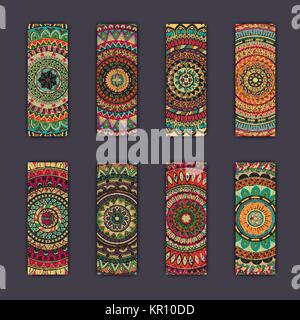 Banner Karte mit Blumen bunt dekorativ Mandala Elemente Hintergrund gesetzt. Tribal, ethnischen, indischen, Islam, arabische und osmanische Motive. Stock Vektor