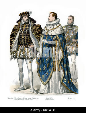 Die Mode des 16. Jahrhunderts, Antoine von Navarra, König Karl IX. von Frankreich in der King's Robe und Franz II. von Frankreich Stockfoto