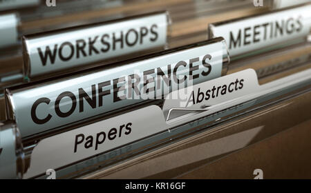 3D-Darstellung eines Ordners mit Fokus auf das Wort Konferenz. Konzept der Call for Papers oder Abstracts Stockfoto