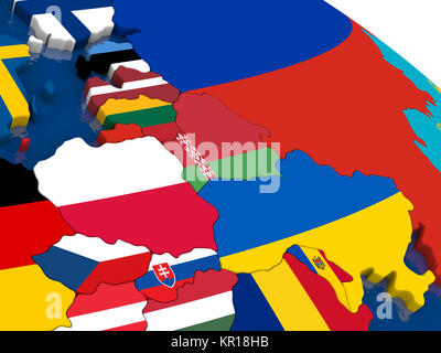 Ost Europa auf 3D-Karte mit Flaggen Stockfoto