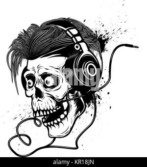 Totenkopf mit Kopfhörer auf grunge Hintergrund. Design Element für Poster, Emblem, t shirt. Vector Illustration Stock Vektor