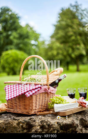 Lecker Feder Picknick mit Rotwein, Baguette, verschiedene Käse, Trauben und würzigen Würstchen mit einem korbfessel und überprüft Tuch auf einem Felsen in einem Park Stockfoto