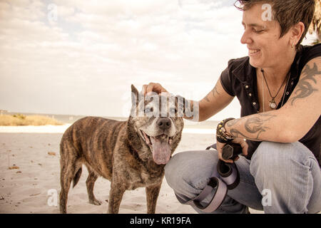 Lächelnde Frau am Strand streichelt ihren Pitbull Hund, Sankt Petersburg, Florida, Vereinigte Staaten Stockfoto