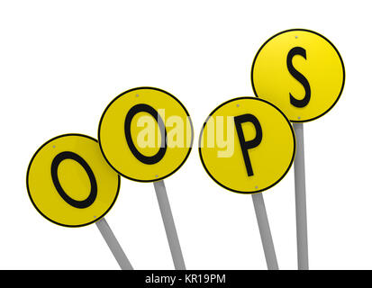 Gelbe Schilder mit dem Wort Oops, 3D-Rendering Stockfoto