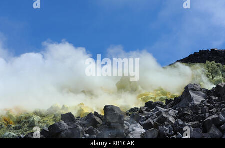 Wolken von Schwefelsäure beladen Dampf Bülow aus dem aktiven Fumarolen und Ablagerungen von Schwefel in der Caldera des Sierra Negra Vulkans. Isabela, Gal Stockfoto