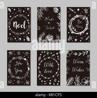 Neues Jahr und Frohe Weihnachten dekorative Inschriften. Typografie gesetzt. Die wichtigsten Symbole des Urlaubs. Vektor Logos, Embleme, text Design. Verwendbar für, Grußkarten, Geschenke etc. Stock Vektor