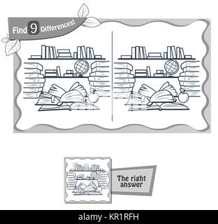 Visuelle Spiel für Kinder und Erwachsene. Aufgabe 9 Unterschiede in der Abbildung school Bibliothek. Schwarze und Weiße Vector Illustration finden Stock Vektor