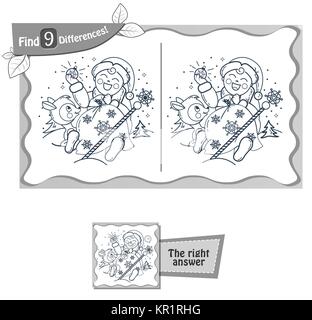 Visuelle Spiel für Kinder und Erwachsene. Aufgabe 9 Unterschiede in der Abbildung durch die schwarzen und weißen Vector Illustration finden Stock Vektor