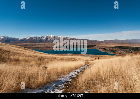 Malerischer Blick auf den See Tekapo und die umliegenden Berge von Mount John Observatorium Stockfoto