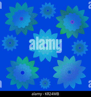 Abstrakte geometrische floral retro Hintergrund. Vereinzelte Blüten in Blau, Lila, Türkis und Grün auf Blau. Stockfoto