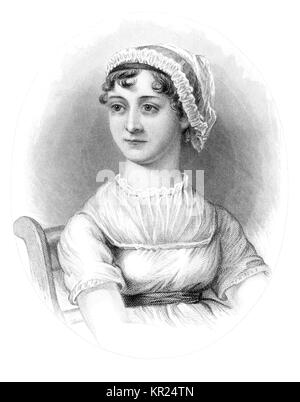 JANE AUSTEN (1775-1817) englischer Schriftsteller in einem Gebäude aus dem 19. Jahrhundert Gravur auf ein Porträt von ihrer Schwester Cassandra über 1810 basiert Stockfoto