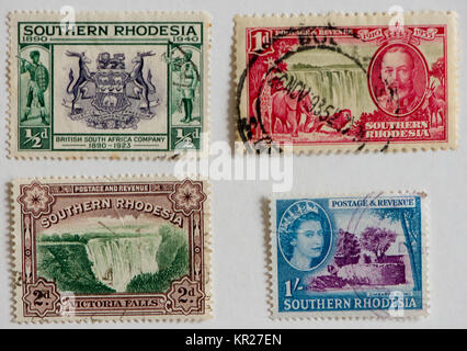 Britische Briefmarken aus der ehemaligen Kolonie Südrhodesien Stockfoto