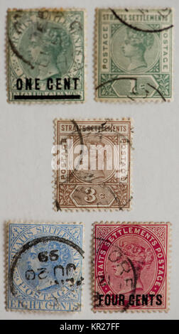 Briefmarken aus der ehemaligen britischen Kolonien in Südostasien (Straits Settlements) Stockfoto