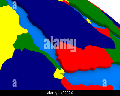 Jemen, Eritrea und Dschibuti auf bunten 3D-Globus Stockfoto
