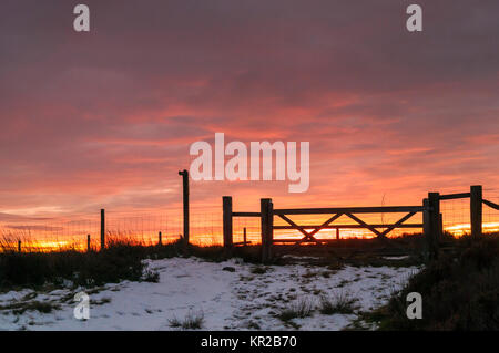 Sonnenuntergang über hohe Felsen in Nidderdale, North Yorkshire, England. Dezember 2017 Stockfoto