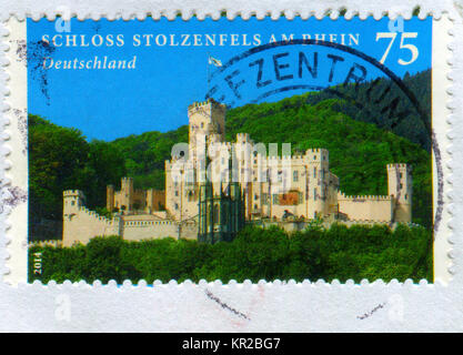 GOMEL, BELARUS, vom 15. Dezember 2017, Stempel gedruckt in Deutschland zeigt ein Bild der Burg Stolzenfels ist ein ehemaliger, mittelalterliche Festung Burg in ein eingeschaltet Stockfoto