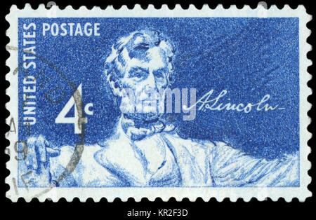UNITED STATES, circa 1958: die Vereinigten Staaten Briefmarke zeigt ein Bild von Abraham Lincoln - Der 16. Präsident der Vereinigten Staaten, etwa 1958. Stockfoto