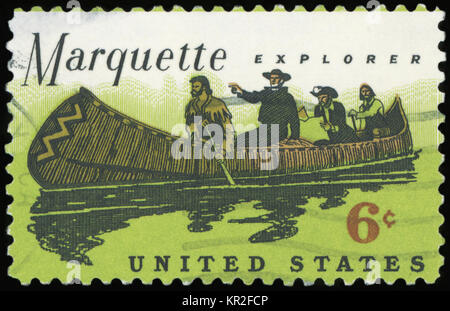 USA - ca. 1968: einen Stempel in den Vereinigten Staaten von Amerika gedruckt zeigt Vater Marquette (1637-1675) und Louis Jolliet Erkundung der Mississippi, ca. 19. Stockfoto