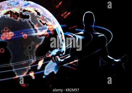 Cyber Kommunikation und Künstliche Intelligenz (KI) störende alles Technologie Konzept. 3D-Rendering von Roboter und futuristische Welt anschließen. Stockfoto