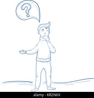 Der Mensch ist zu denken. Fragezeichen dachte. Hand gezeichnet Stock Vektor