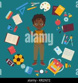 African American Boy mit Schulmaterial Stock Vektor