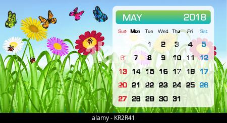 Kalender MAI 2018 Monat Thema Blume Schmetterling Stock Vektor