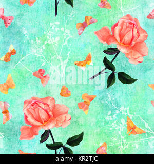 Nahtlose Muster mit Aquarell Rosen, Brunch, und butterfles auf Teal Stockfoto